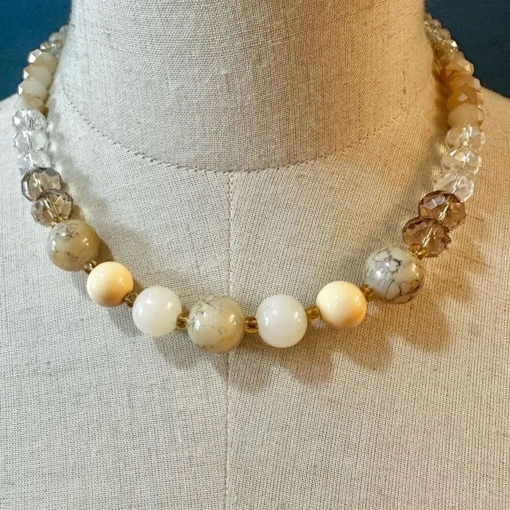 JS glass beaded white and yellow necklace